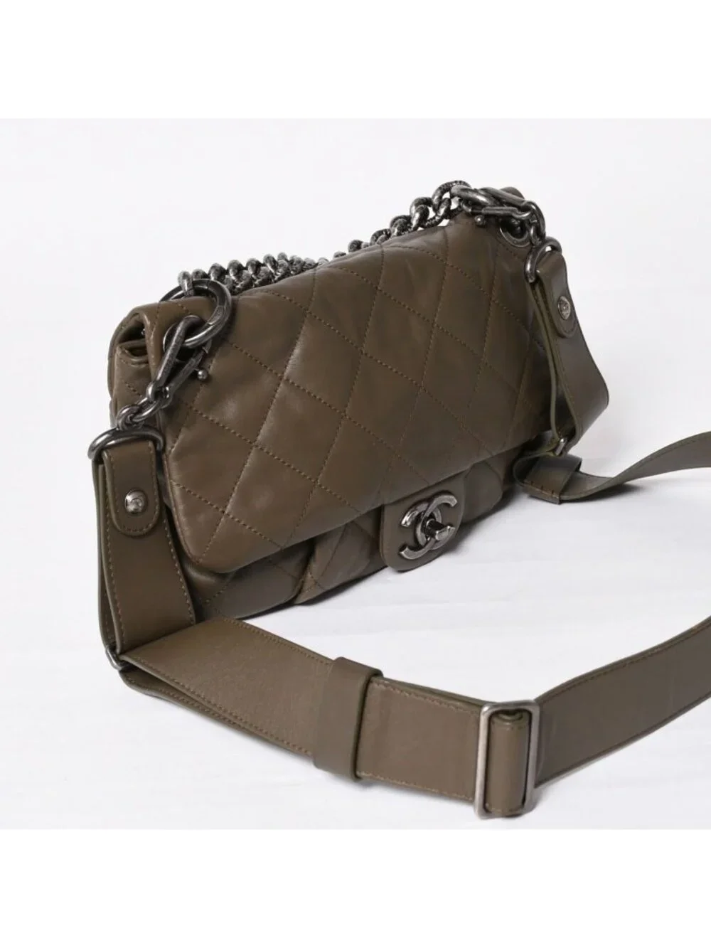 Chanel 2-Way Bag CC Logo Lambskin Quilted Olive Antique Silver